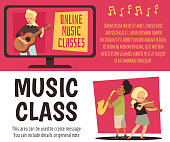 Music classes and lesson online horizontal banners and flyers. Playing guitar and online music, vocal lessons for children posters, flat vector illustration.