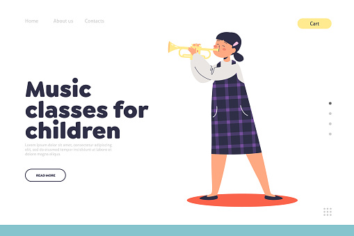 Music classes for children concept of landing page with girl playing trumpet