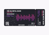 Music concert ticket template. Dark, black color design with white, purple and pink gradient text. Sound wave line concept. Vector template for music event, show or performance pass or coupon.