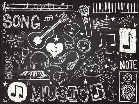 Music elements sketch in black and white vector