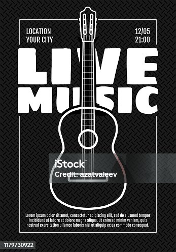 istock Music festival show poster or invitation flyer design template. Acoustic classic guitar on black background. Live musical party concert. Fest vector illustration A3 A4 size 1179730922