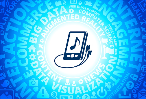 Music Icon on Internet Modern Technology Words Background. This blue vector background features the main icon in the center of the image. The icon is surrounded by a set of conceptual words and technology and internet icons. The icon is highlighted by a strong starburst glow effect and stands out from the rest of the image. The technology terminology is arranged in a circular manner. The predominant tone of the image is blue with a circular gradient that originates from the center of the composition. vector