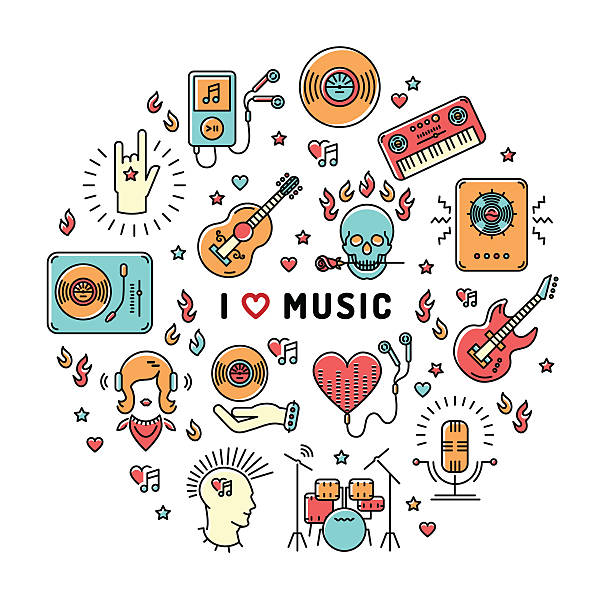 ilustrações, clipart, desenhos animados e ícones de ícones de arte da linha de infográficos musicais, citação inspiradora - music festival