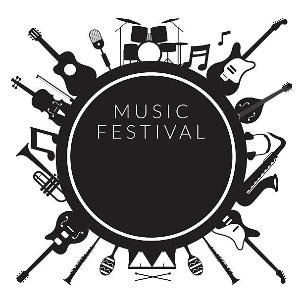 Music Instruments Objects Label Silhouette Background Festival, Event, Live, Concert music silhouettes stock illustrations