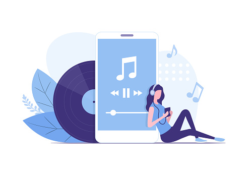Music listening concept. Colored flat vector illustration. Isolated on white background.