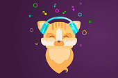 Music lover. Red cat in blue headphones on a purple background. Flat vector illustration.