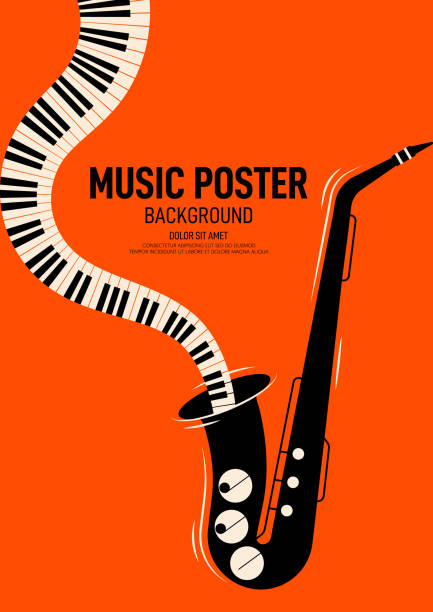 illustrazioni stock, clip art, cartoni animati e icone di tendenza di modello di design poster musicale decorativo di sfondo con sassofono e tastiera per pianoforte - poster