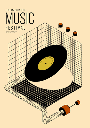 Music poster design template background with vinyl record and isometric grid line