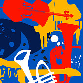istock Music promotional poster with musical instruments colorful vector illustration. Violoncello, piano, euphonium, trumpet, guitar for live concert events, jazz music festivals and shows, party flyer 1326992801
