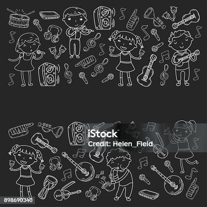 istock Music school for kids Vector illustration Children singing songs, playing musical instruments Kindergarten Doodle icon collection Illustration for children music lesson 898690340