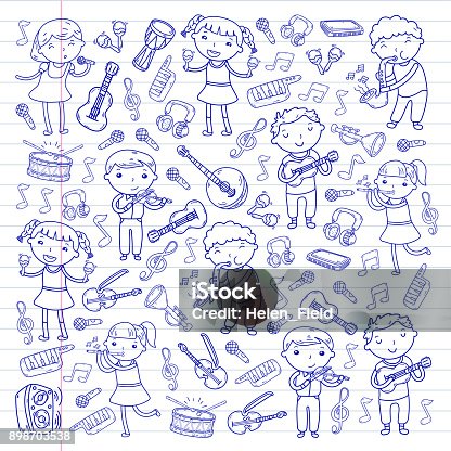 istock Music school for kids Vector illustration Children singing songs, playing musical instruments Kindergarten Doodle icon collection Illustration for children music lesson 898703538