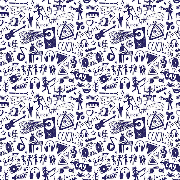 Music - seamless background Music - seamless pattern with icons in sketch style guitar patterns stock illustrations