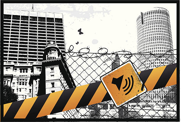 Music Speaker Sign City Music Speaker Sign City Vector Illustration rusty fence stock illustrations
