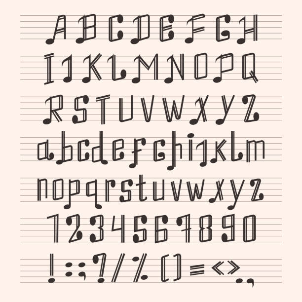 Musical decorative notes alphabet font hand mark music score abc typography glyph paper book vector illustration vector art illustration