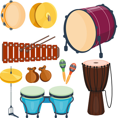 Musical drum wood rhythm music instrument series set of percussion vector illustration