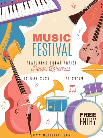 Musical festival poster. Jazz band party invitation, different instruments, strings, percussion and wind. Modern and ethnic music vertical advertising banner, vector isolated concept