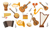 Musical instrument set. Accordion, guitar, harp, ethnic drum, violin, saxophone. Can be used for orchestra, acoustic concert, music, school concept