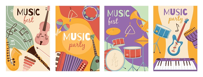 Musical instruments cards. Festivals and party posters with different orchestral tools, funny design posters. Strings, percussion and percussion. Modern and ethnic music banners vector set