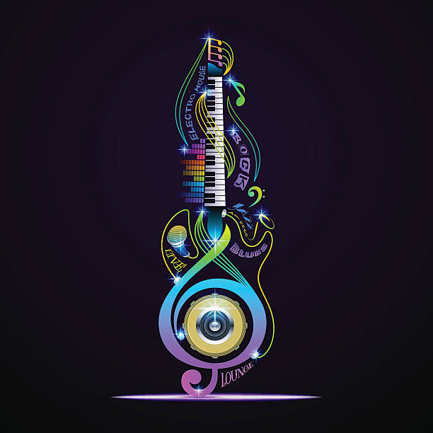 Musical instruments collage for rock, jazz, blues, lounge, electronic, live. Colorful musical instruments collage. Vector concept for live, rock, jazz, blues, lounge, electronic. guitar backgrounds stock illustrations