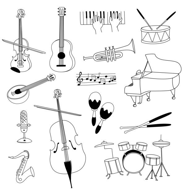 Musical instruments guitar, flute, cello, violin ,saxophone set doodles Musical instruments guitar, flute, cello, violin ,saxophone thin line art icons clipart set of doodles. Vector illustration doodles in linear simple style. Black white performance clipart stock illustrations