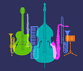 Colourful overlapping silhouettes of Jazz musical instruments