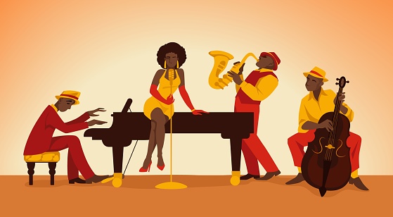 Musician. Cartoon jazz band. Persons perform on stage. Woman singing. Men playing acoustic music with double bass, saxophone and piano. Vector orchestra artists with musical instruments