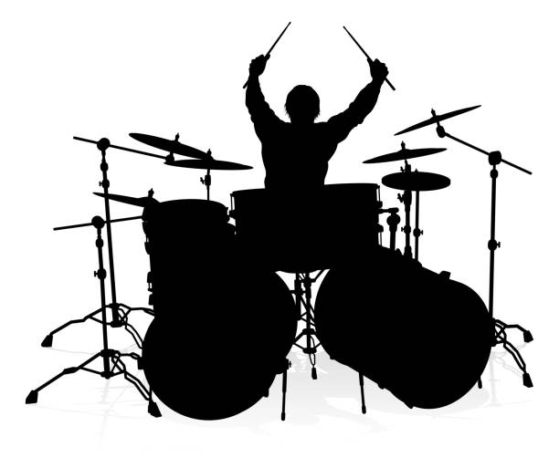 Musician Drummer Silhouette A drummer musician drumming drums in detailed silhouette metal silhouettes stock illustrations