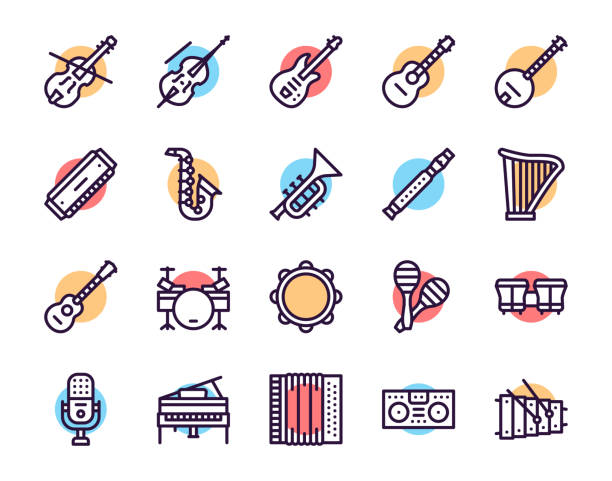 Musician equipment colorful linear icons set Musician equipment colorful linear icons set. Classic, rock, jazz and country music thin line contour symbols. Stringed, wind and percussion instruments isolated vector outline illustrations music clipart stock illustrations