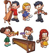 Kids playing musical instruments. Vector clip art illustration with simple gradients. Each on a separate layer.