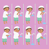 Muslim African American boy perform ablution steps, to clean self before prayer or shalat. Ablution steps for children vector collection