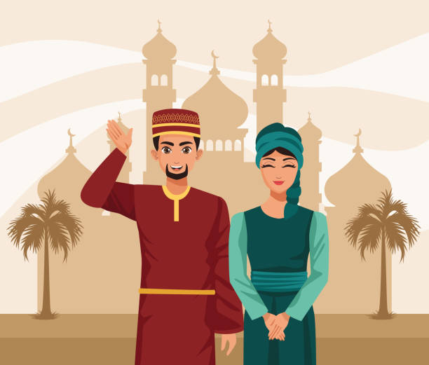 stockillustraties, clipart, cartoons en iconen met moslimpaar in moskee - castle couple