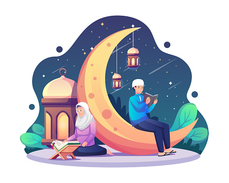 Muslim couple man and woman reading the Quran and praying during Ramadan Kareem Holy Month. Flat style vector illustration