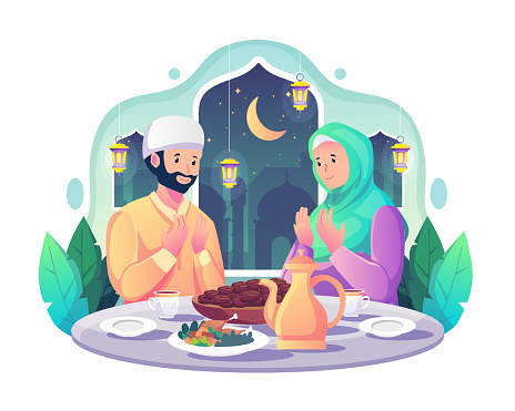 Muslim couple praying before having iftar after fasting during Ramadan Kareem Mubarak. food and dates on the table. Flat style vector illustration