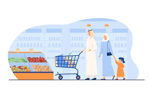 Muslim family buying food in supermarket