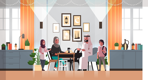 muslim family celebrating ramadan kareem holy month living room interior arabic parents and children in traditional clothes spending time together flat horizontal full length