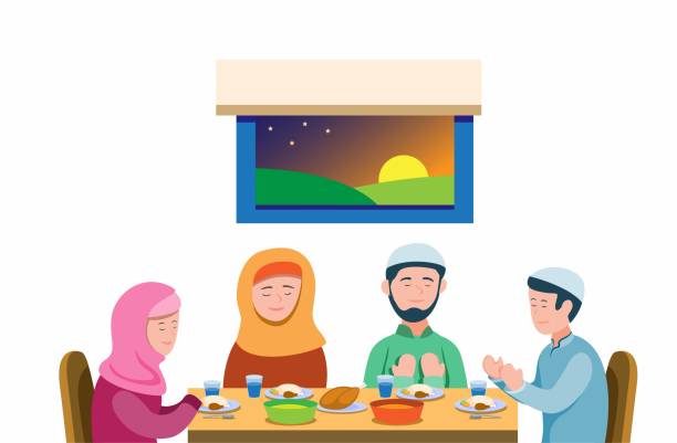 stockillustraties, clipart, cartoons en iconen met moslim familie bidden voor de maaltijd om het vasten, islam religie activiteit te breken in de ramadan seizoen. beeldverhaal vlakke illustratievector die in witte achtergrond wordt geïsoleerd - sunset dining
