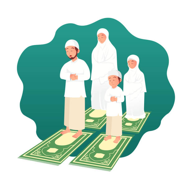 illustrazioni stock, clip art, cartoni animati e icone di tendenza di famiglia musulmana che prega insieme - salah