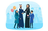 Muslim family walking with kid in amusement park. Concept of happyi slamic family spending time together on a stroll. Kids with baloons and lollipop. Flat vector illustration
