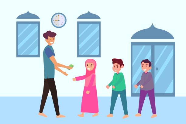 Muslim man giving money papers to the orphans orphans get money stock illustrations