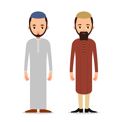 Muslim man or Arab man stand in the traditional clothing. Isolated characters of representatives of Islam on a white background in a flat style