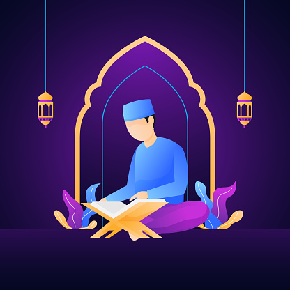 muslim man reading al quran the holy book of islam flat illustration with mosque arch background floral leaf and traditional hanging lantern light ornament. ramadan activity poster vector design.