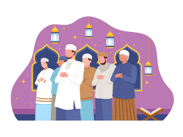 Muslim people perform taraweeh prayer night during Ramadan tarawih stock illustrations