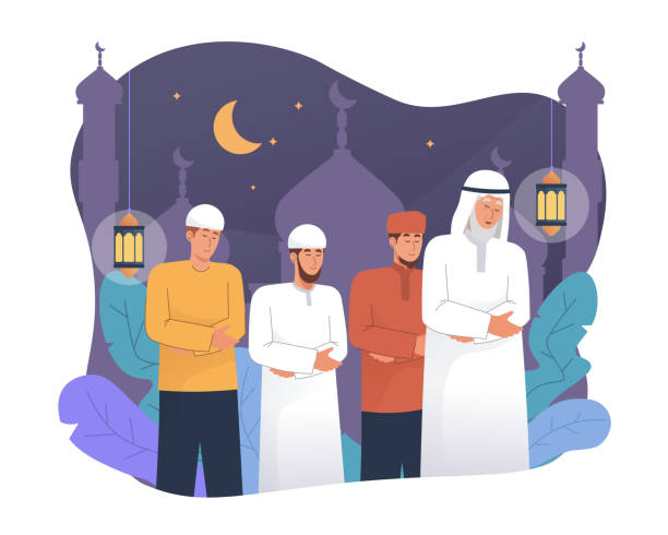 illustrazioni stock, clip art, cartoni animati e icone di tendenza di musulmani eseguono preghiera tarawih di notte durante il ramadan - salah