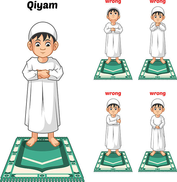 muslim prayer position guide step by step perform by boy - salah stock illustrations