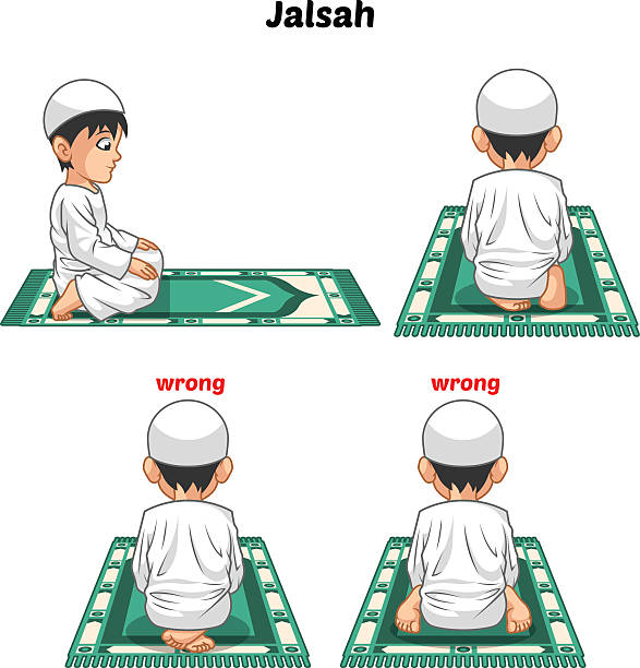 illustrazioni stock, clip art, cartoni animati e icone di tendenza di posizione della preghiera musulmana guida passo dopo passo svolgere da ragazzo - salah