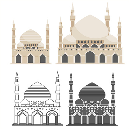 Muslim traditional architecture mosque house building islam religious flat design vector illustration