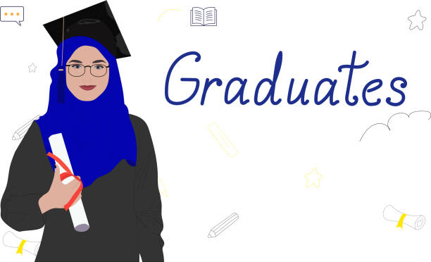 stockillustraties, clipart, cartoons en iconen met de moslimvrouw in traditionele kleding is een gediplomeerde. - arabic student
