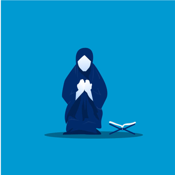 illustrazioni stock, clip art, cartoni animati e icone di tendenza di preghiera donna musulmana su sfondo blu - salah