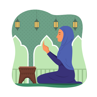 Muslim Woman Praying to the God in the Mosque.