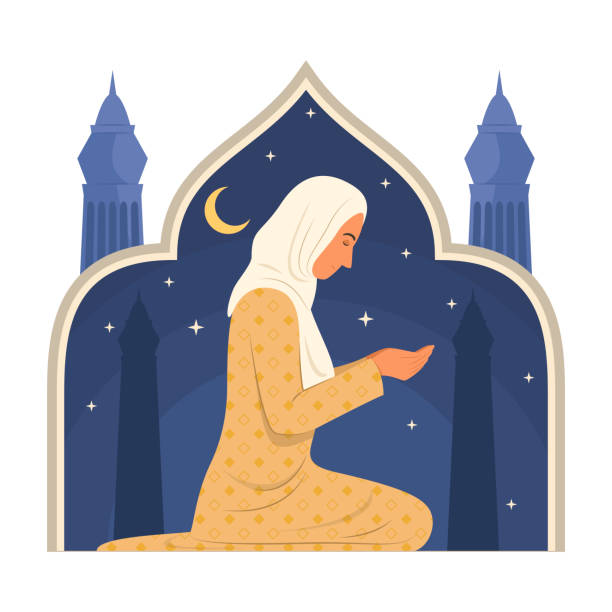 illustrazioni stock, clip art, cartoni animati e icone di tendenza di donna musulmana che prega dio. - salah